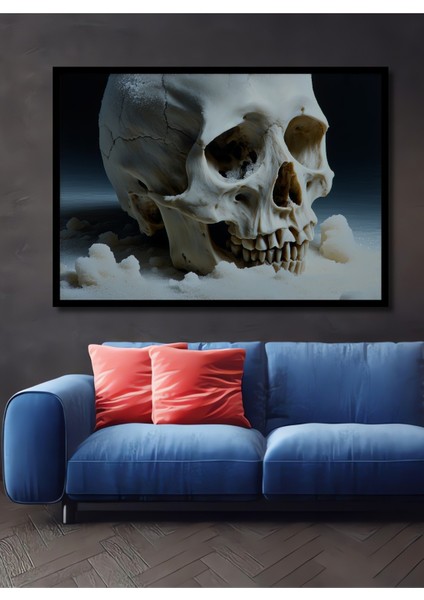 Çerçeve Görünümlü Buz Kristali Kaplı Kafatası Modern Sanat Dekoratif Ahşap Işyeri/ofis Kare Tablo