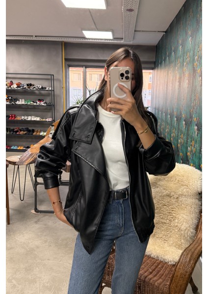Siyah Dik Yaka Bomber Ceket