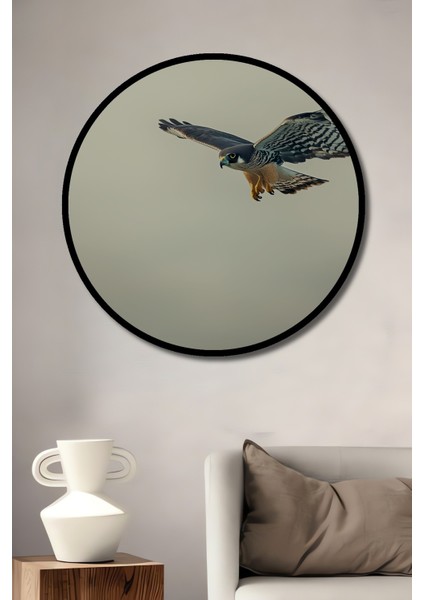 Çerçeve Görünümlü Süzülen Şahin Yağlı Boya Görünümlü Dekoratif Ahşap Ev/işyeri/ofis Yuvarlak Tablo