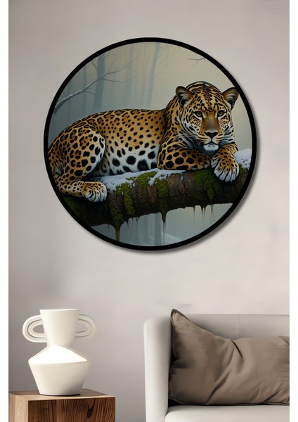 Çerçeve Görünümlü Ormanda Yatan Jaguar Yağlı Boya Görünümlü Dekoratif Ahşap Ofis Yuvarlak Tablo