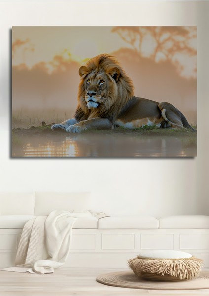 Güneşin Altında Aslan Yağlı Boya Görünümlü Dekoratif Ahşap Ev/işyeri/ofis Kare Tablo