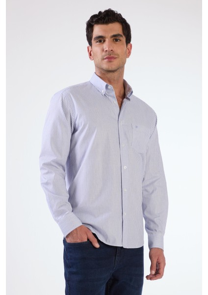 Lacivert Kare Desen Regular Fit Uzun Kol Erkek Gömlek
