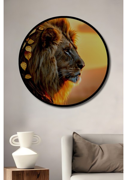 Çerçeve Görünümlü Altın Yapraklı Aslan Yağlı Boya Görünümlü Dekoratif Ahşap Ofis Yuvarlak Tablo