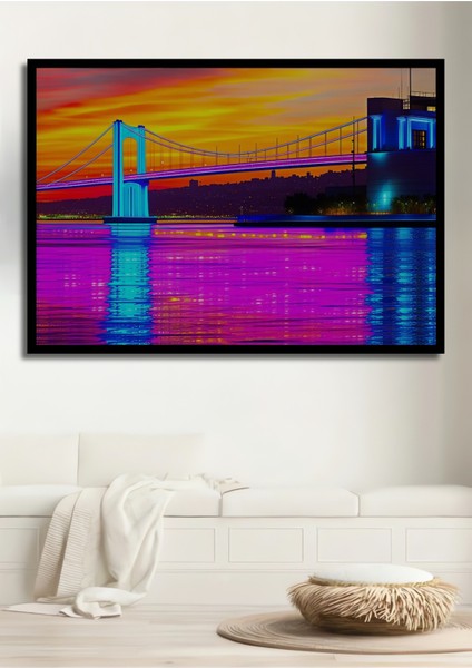 Çerçeve Görünümlü Neon Işıklar Altında Köprü Manzarası Yağlı Boya Görünümlü Ahşap Ofis Kare Tablo