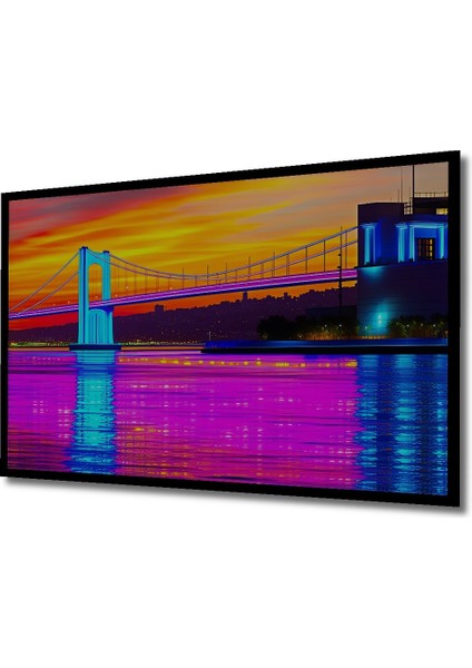 Çerçeve Görünümlü Neon Işıklar Altında Köprü Manzarası Yağlı Boya Görünümlü Ahşap Ofis Kare Tablo fiyatları