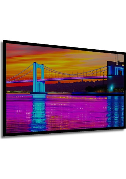 Çerçeve Görünümlü Neon Işıklar Altında Köprü Manzarası Yağlı Boya Görünümlü Ahşap Ofis Kare Tablo modelleri