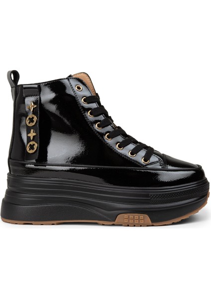 Kadın Rugan Siyah High Top Sneaker - 25336ZSYHC01