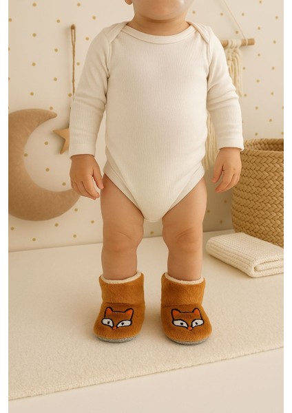 Bebek & Çocuk Kaydırmaz Tabanlı Ev Botu / Panduf / Kışlık Peluş Bot / Tilki Desenli