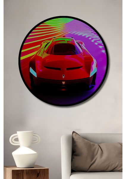 Çerçeve Görünümlü Neon Işıklar Altında Kırmızı Süper Araba Modern Sanat Ofis Ahşap Yuvarlak Tablo