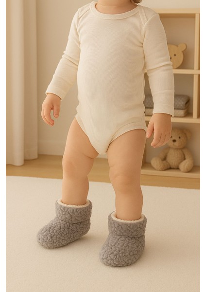 Bebek & Çocuk Kaydırmaz Tabanlı Ev Botu / Panduf / Kışlık Peluş Bot Gri Renk