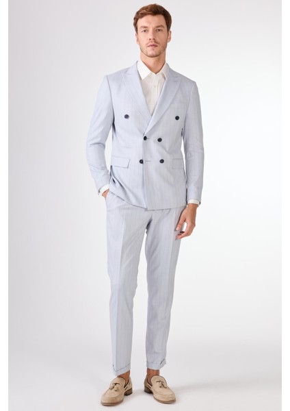 Mavi Erkek Slim Fit Çizgili Kruvaze Yaka Takım Elbise fırsatları