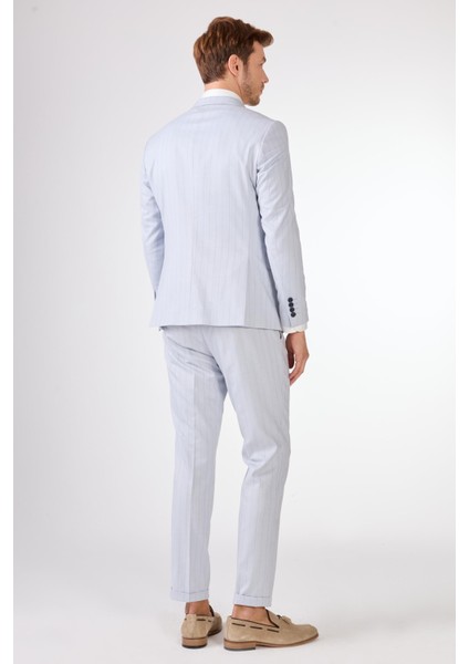 Mavi Erkek Slim Fit Çizgili Kruvaze Yaka Takım Elbise