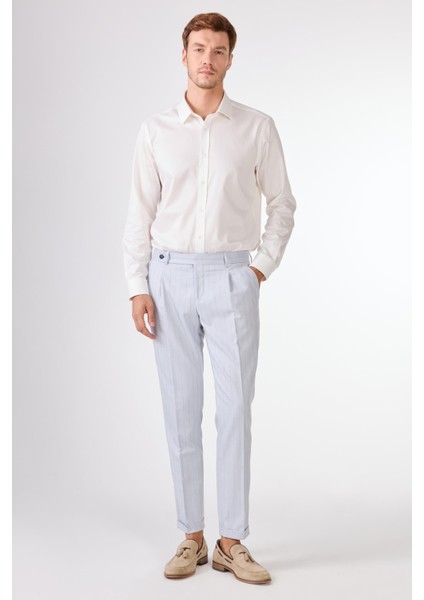 Mavi Erkek Slim Fit Çizgili Kruvaze Yaka Takım Elbise