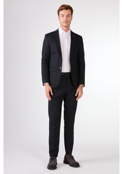 Koyu Lacivert Armürlü Slim Fit Casual Takım Elbise