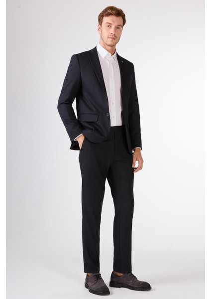 Koyu Lacivert Armürlü Slim Fit Casual Takım Elbise modelleri