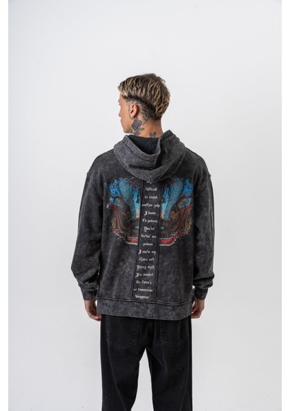 Erkek Snake Baskılı Yıkamalı Kapüşonlu Oversize Hoodie Siyah