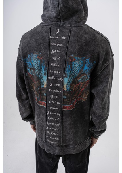 Erkek Snake Baskılı Yıkamalı Kapüşonlu Oversize Hoodie Siyah fırsatları