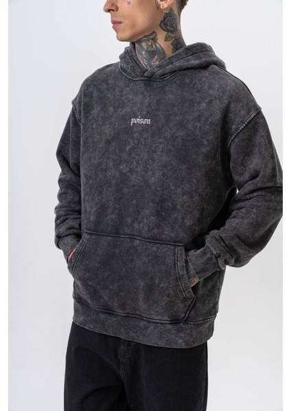 Erkek Snake Baskılı Yıkamalı Kapüşonlu Oversize Hoodie Siyah indirimleri