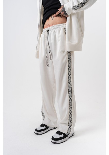 Erkek Damask Şerit Detaylı Kışlık Doubleface Baggy Eşofman Altı Ekru