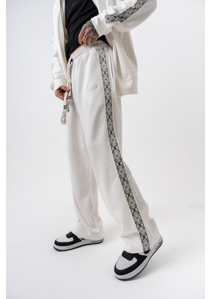 Erkek Damask Şerit Detaylı Kışlık Doubleface Baggy Eşofman Altı Ekru fırsatları