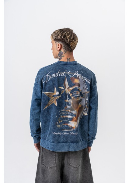 Erkek Divided Baskılı Yıkamalı Bisiklet Yaka Oversize Sweatshirt Indigo