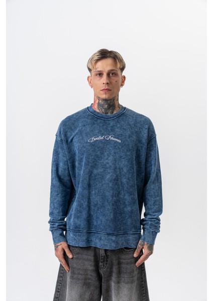 Erkek Divided Baskılı Yıkamalı Bisiklet Yaka Oversize Sweatshirt Indigo fiyatları