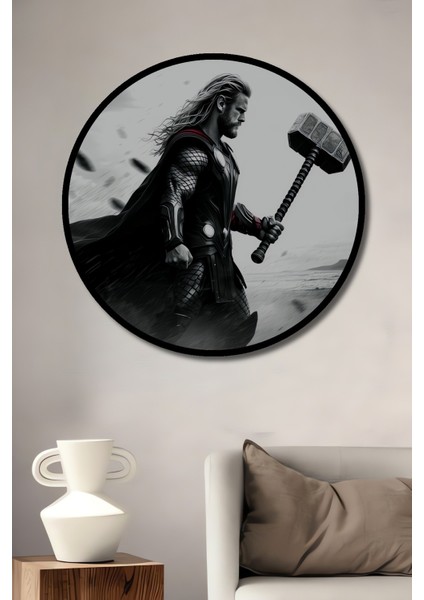 Çerçeve Görünümlü Thor Çekiçli Savaşçı Siyah Beyaz Görünümlü Dekoratif Ahşap Ofis Yuvarlak Tablo