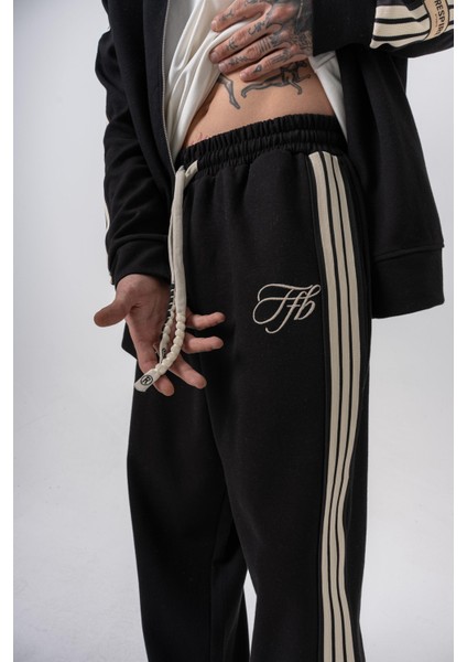 Erkek 3'lü Şerit Detaylı Kışlık Doubleface Baggy Eşofman Altı Siyah indirimleri