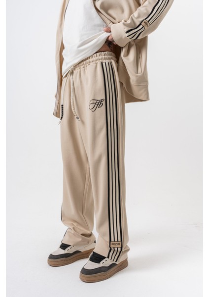 Erkek 3'lü Şerit Detaylı Kışlık Doubleface Baggy Eşofman Altı Bej