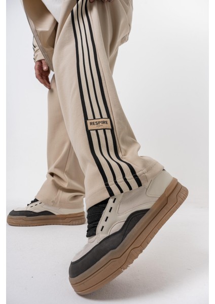 Erkek 3'lü Şerit Detaylı Kışlık Doubleface Baggy Eşofman Altı Bej indirimleri