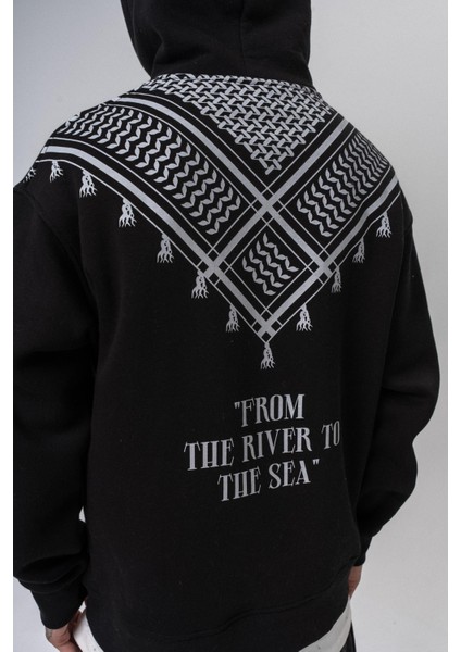 Erkek The Sea Baskılı Kapüşonlu Oversize Hoodie Siyah indirimleri