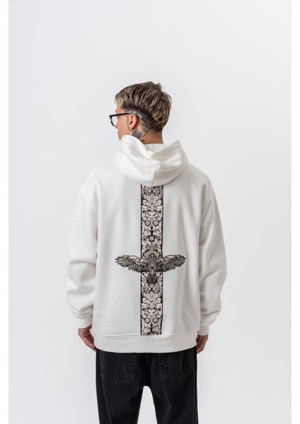 Erkek Feel Baskılı Kapüşonlu Oversize Hoodie Ekru