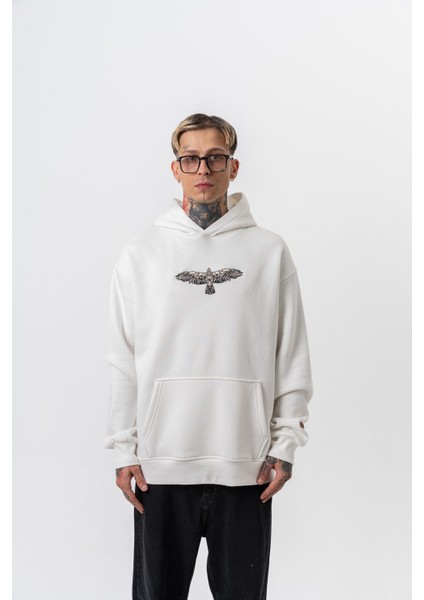 Erkek Feel Baskılı Kapüşonlu Oversize Hoodie Ekru fiyatları