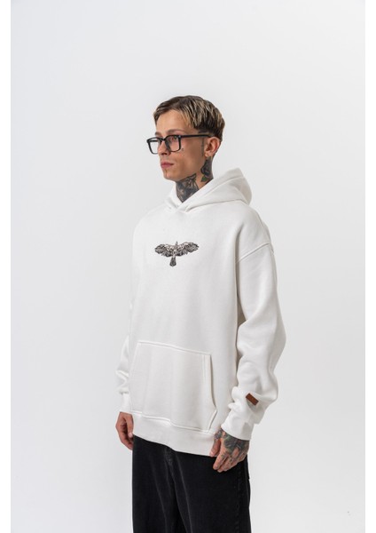 Erkek Feel Baskılı Kapüşonlu Oversize Hoodie Ekru modelleri