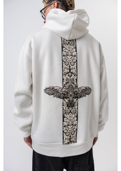 Erkek Feel Baskılı Kapüşonlu Oversize Hoodie Ekru fırsatları