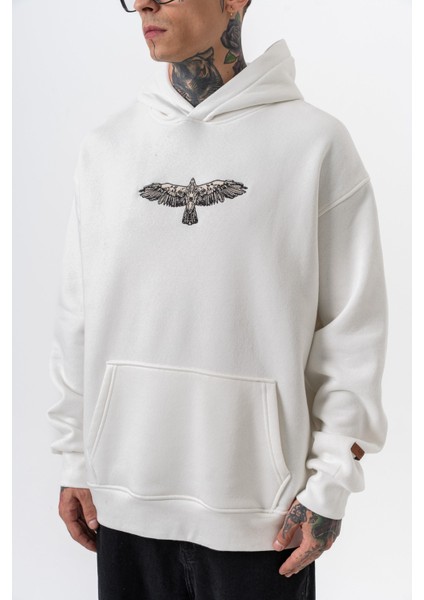 Erkek Feel Baskılı Kapüşonlu Oversize Hoodie Ekru indirimleri