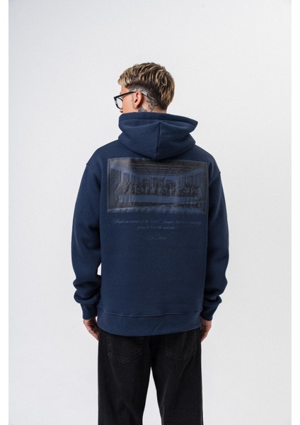 Erkek Da Vinci Baskılı Kapüşonlu Oversize Hoodie Lacivert