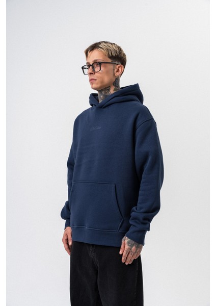 Erkek Da Vinci Baskılı Kapüşonlu Oversize Hoodie Lacivert modelleri