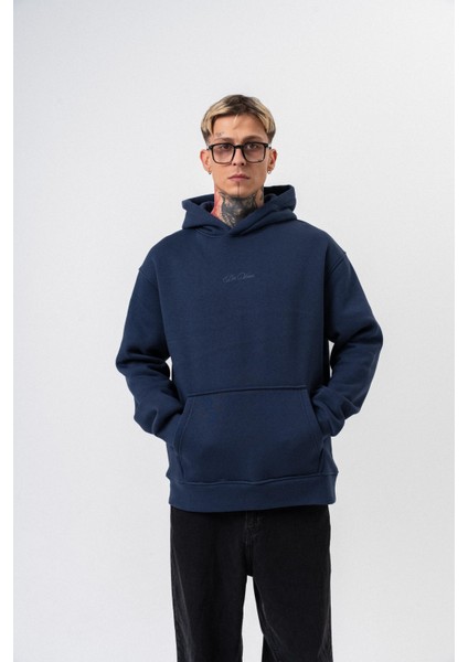 Erkek Da Vinci Baskılı Kapüşonlu Oversize Hoodie Lacivert fırsatları