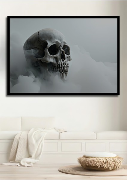 Çerçeve Görünümlü Duman Içindeki Kurukafa Yağlı Boya Görünümlü Dekoratif Ahşap Ofis Kare Tablo