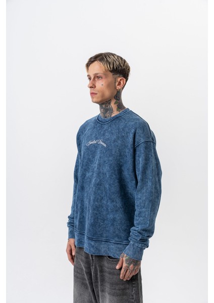 Erkek Divided Baskılı Yıkamalı Bisiklet Yaka Oversize Sweatshirt Indigo modelleri