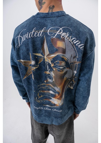 Erkek Divided Baskılı Yıkamalı Bisiklet Yaka Oversize Sweatshirt Indigo fırsatları