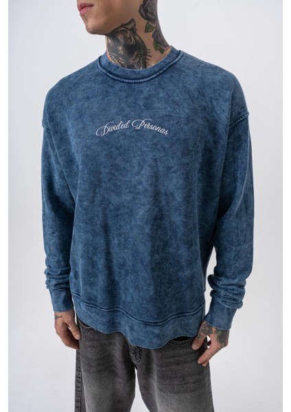 Erkek Divided Baskılı Yıkamalı Bisiklet Yaka Oversize Sweatshirt Indigo indirimleri