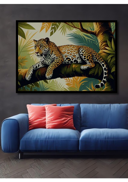 Çerçeve Görünümlü Tropikal Orman Leoparı Yağlı Boya Görünümlü Dekoratif Ahşap Ofis Kare Tablo