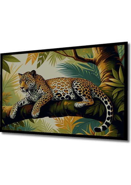 Çerçeve Görünümlü Tropikal Orman Leoparı Yağlı Boya Görünümlü Dekoratif Ahşap Ofis Kare Tablo fiyatları