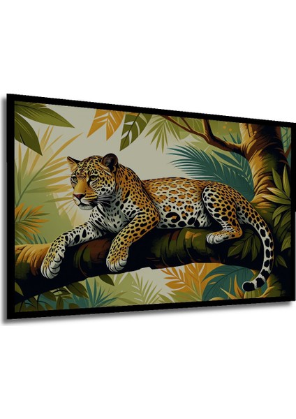 Çerçeve Görünümlü Tropikal Orman Leoparı Yağlı Boya Görünümlü Dekoratif Ahşap Ofis Kare Tablo modelleri