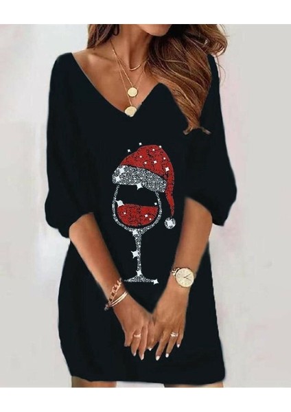 Kadın Uzun Kollu V Yaka Baskılı Dalgıç Kumaş Elbise