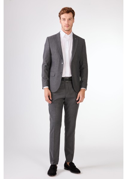Koyu Gri Mono Yaka Slim Fit Casual Takım Elbise