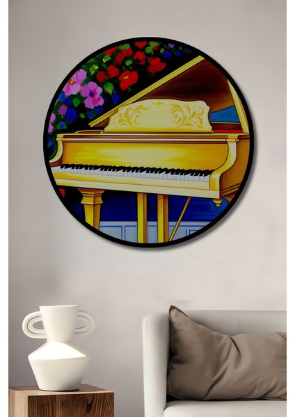 Çerçeve Görünümlü Altın Sarısı Piyano ve Çiçek Bahçesi Yağlı Boya Görünümlü Ofis Ahşap Tablo