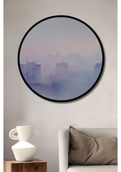 Çerçeve Görünümlü Sisli Şehir Sulu Boya Görünümlü Dekoratif Ahşap Ev/işyeri/ofis Yuvarlak Tablo